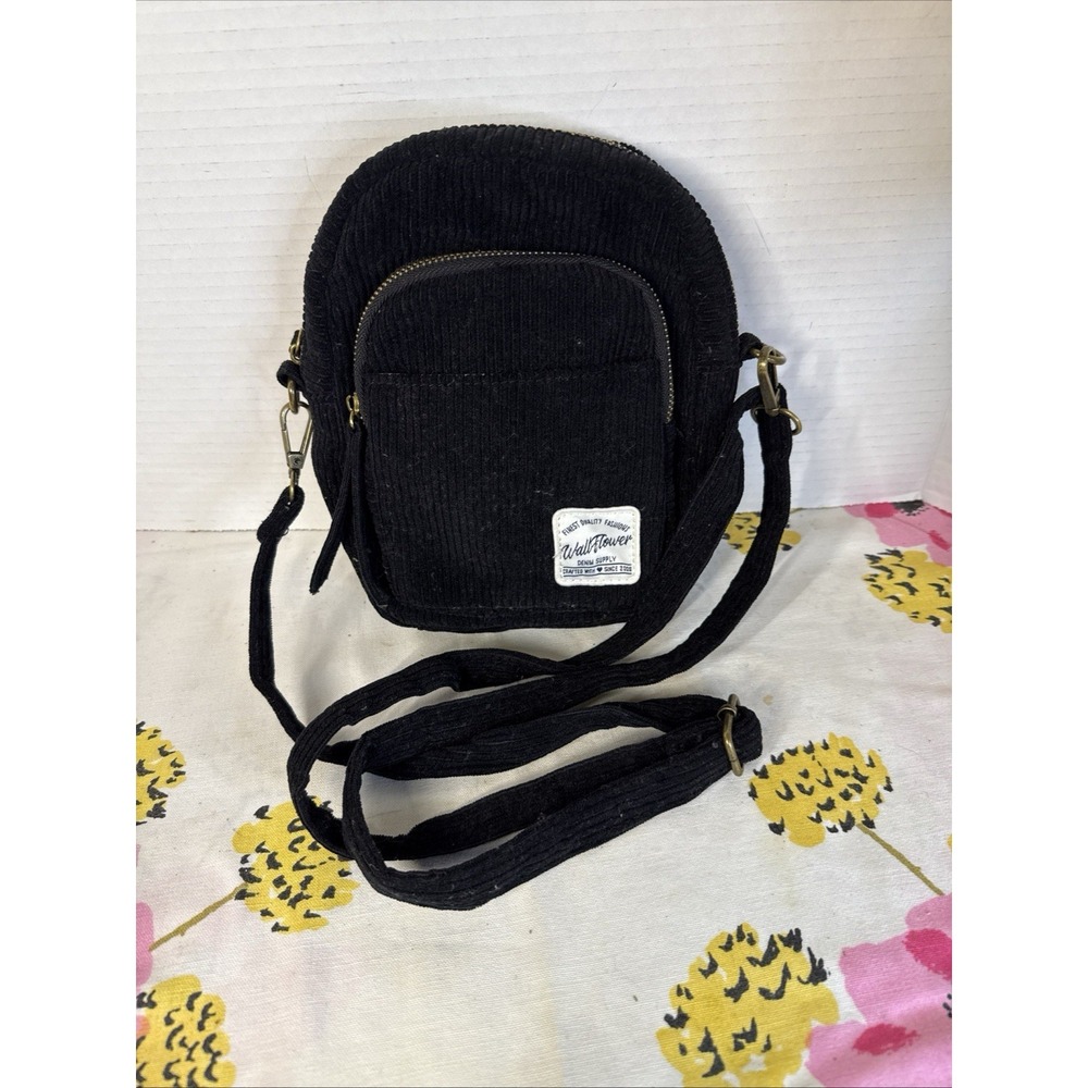 Wallflower, Corduroy, Crossbody Bag Multi Pocket Travel Purse Adjust.Strap Black